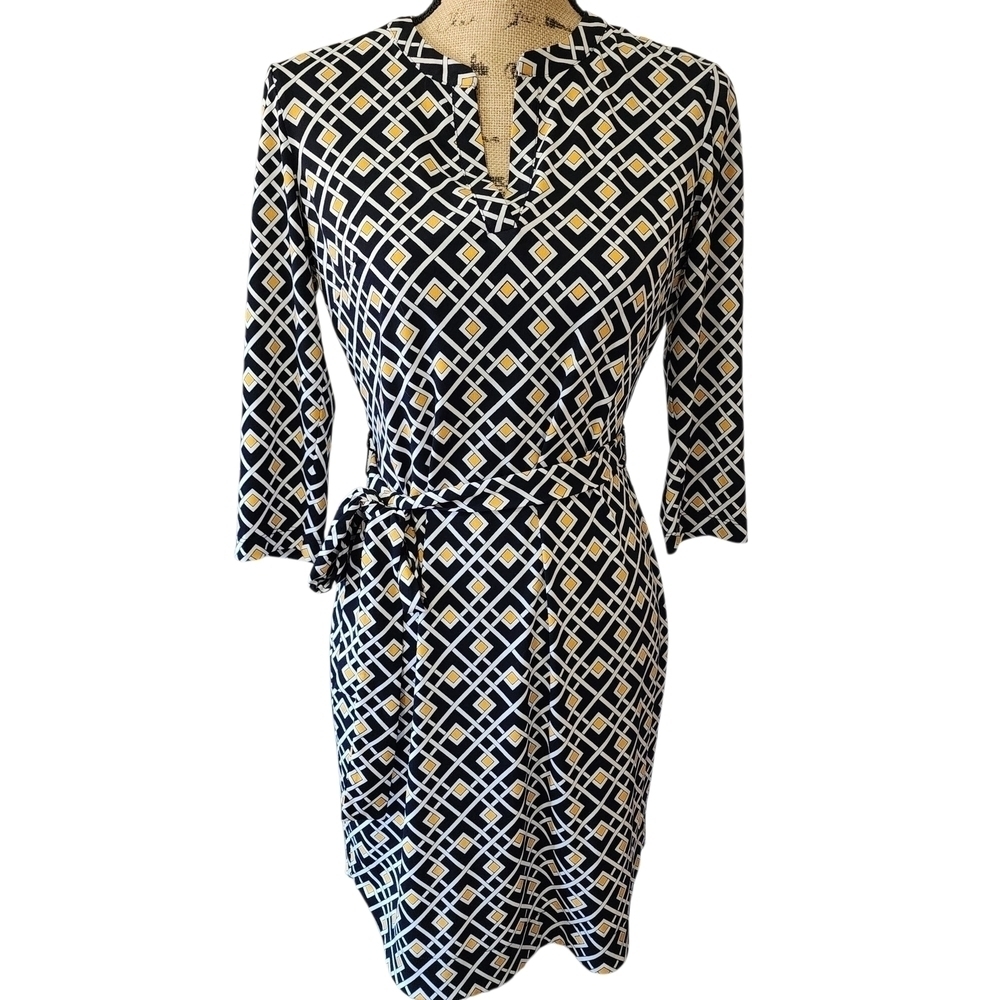 DM Collection Geometric Print Dress Navy Yellow White Belted Career Work - 6P